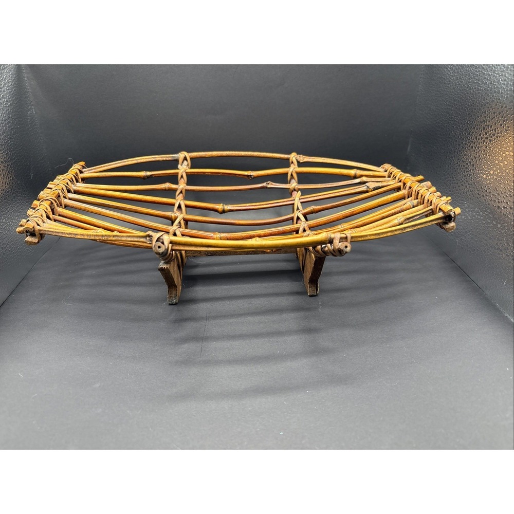 Vintage Tortoise Bamboo Boat Basket - Handcrafted MCM Centerpiece Caddy